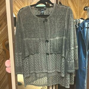 Ali Miles Large Button Cardigan women’s Large Charcoal Gray Fabric Crochet BOHO